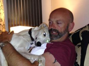 CHLOE (February 2015) the loony lurcher who loves her cuddles when she's briefly stopped leaping and charging round at 100mph. Joined us on 26th Feb 2015.